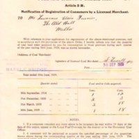 Coal Receipts &amp; Registration Form : Compstall Co-op : 1938 &amp; 39