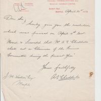 Letter 1913 E Chadderton, Chairman of Finance
